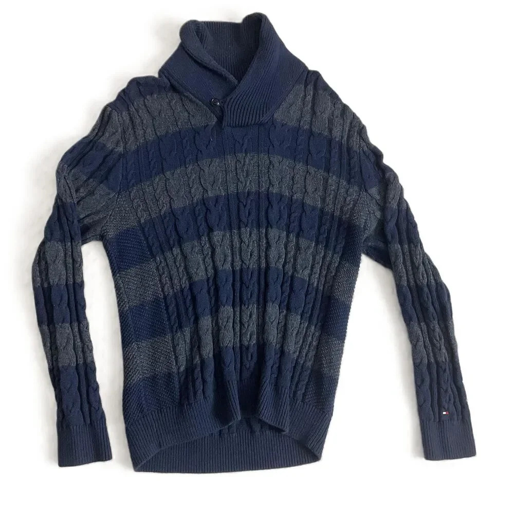 Tommy Hilfiger Blue Grey Fisherman Cable Knit Shawl Sweater Extra Large